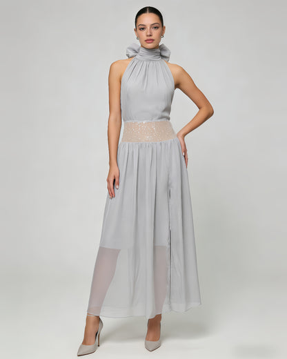 Grey Halter Sequin Waist Chiffon Maxi Dress