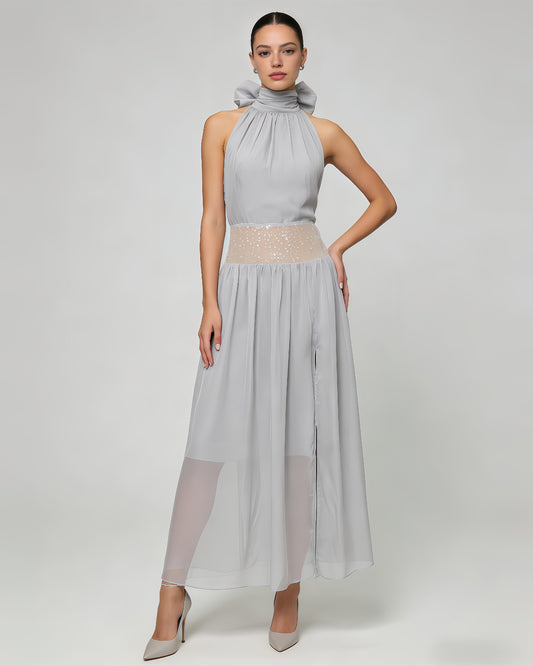 Grey Halter Sequin Waist Chiffon Maxi Dress