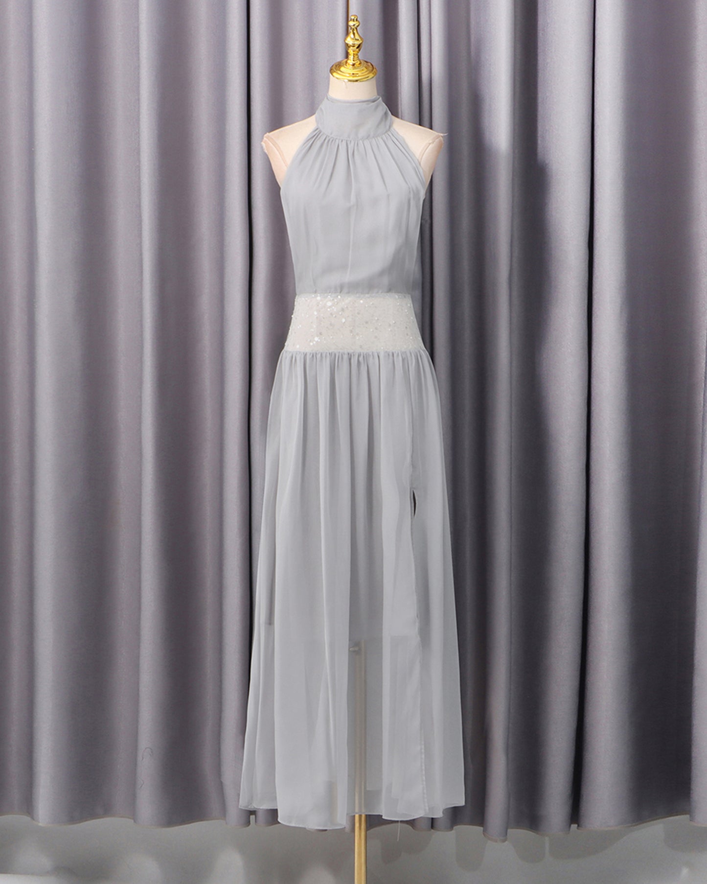 Grey Halter Sequin Waist Chiffon Maxi Dress