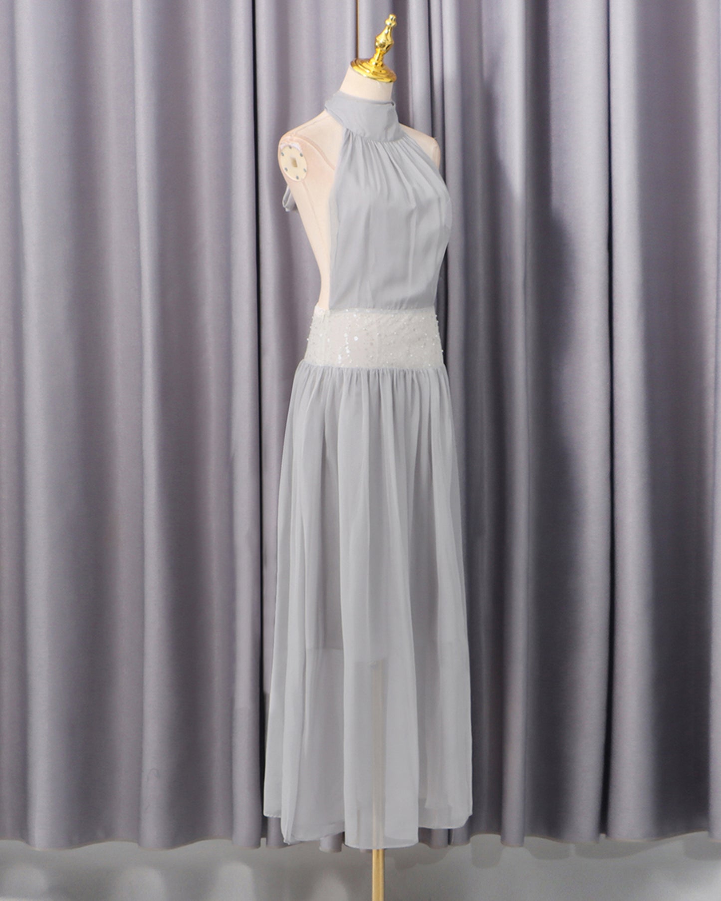 Grey Halter Sequin Waist Chiffon Maxi Dress