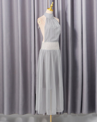 Grey Halter Sequin Waist Chiffon Maxi Dress