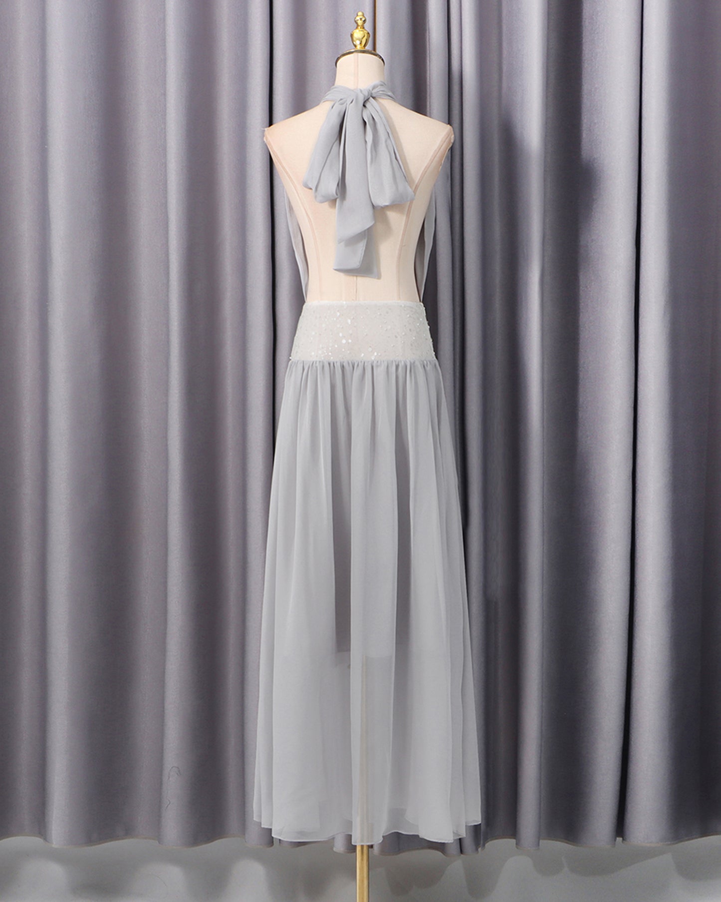 Grey Halter Sequin Waist Chiffon Maxi Dress