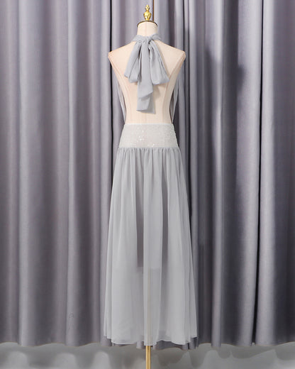 Grey Halter Sequin Waist Chiffon Maxi Dress