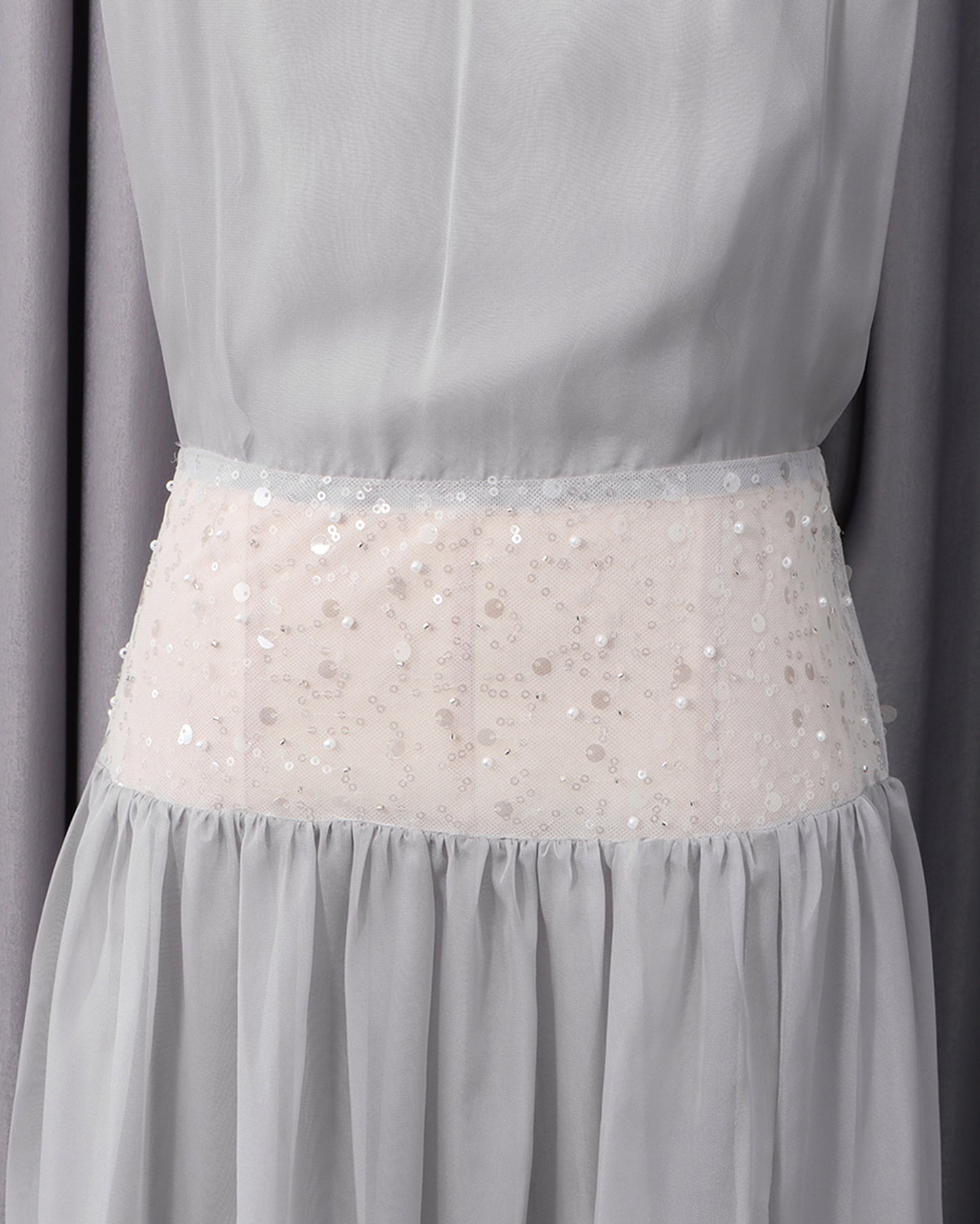 Grey Halter Sequin Waist Chiffon Maxi Dress