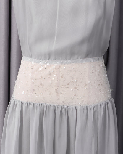 Grey Halter Sequin Waist Chiffon Maxi Dress