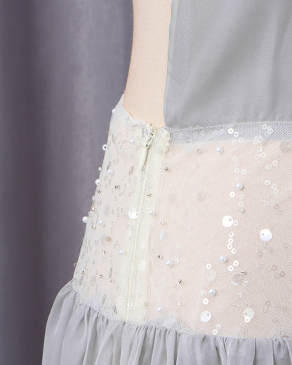 Grey Halter Sequin Waist Chiffon Maxi Dress