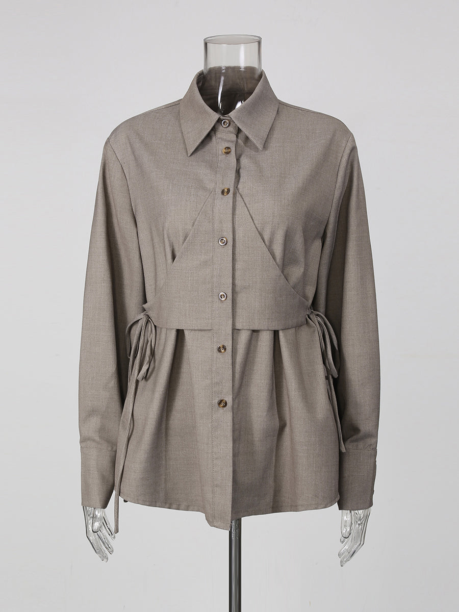 Grey Lapel Long Sleeve Drawstring Top