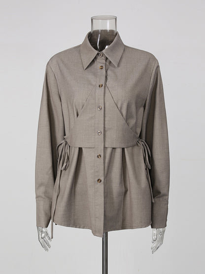 Grey Lapel Long Sleeve Drawstring Top