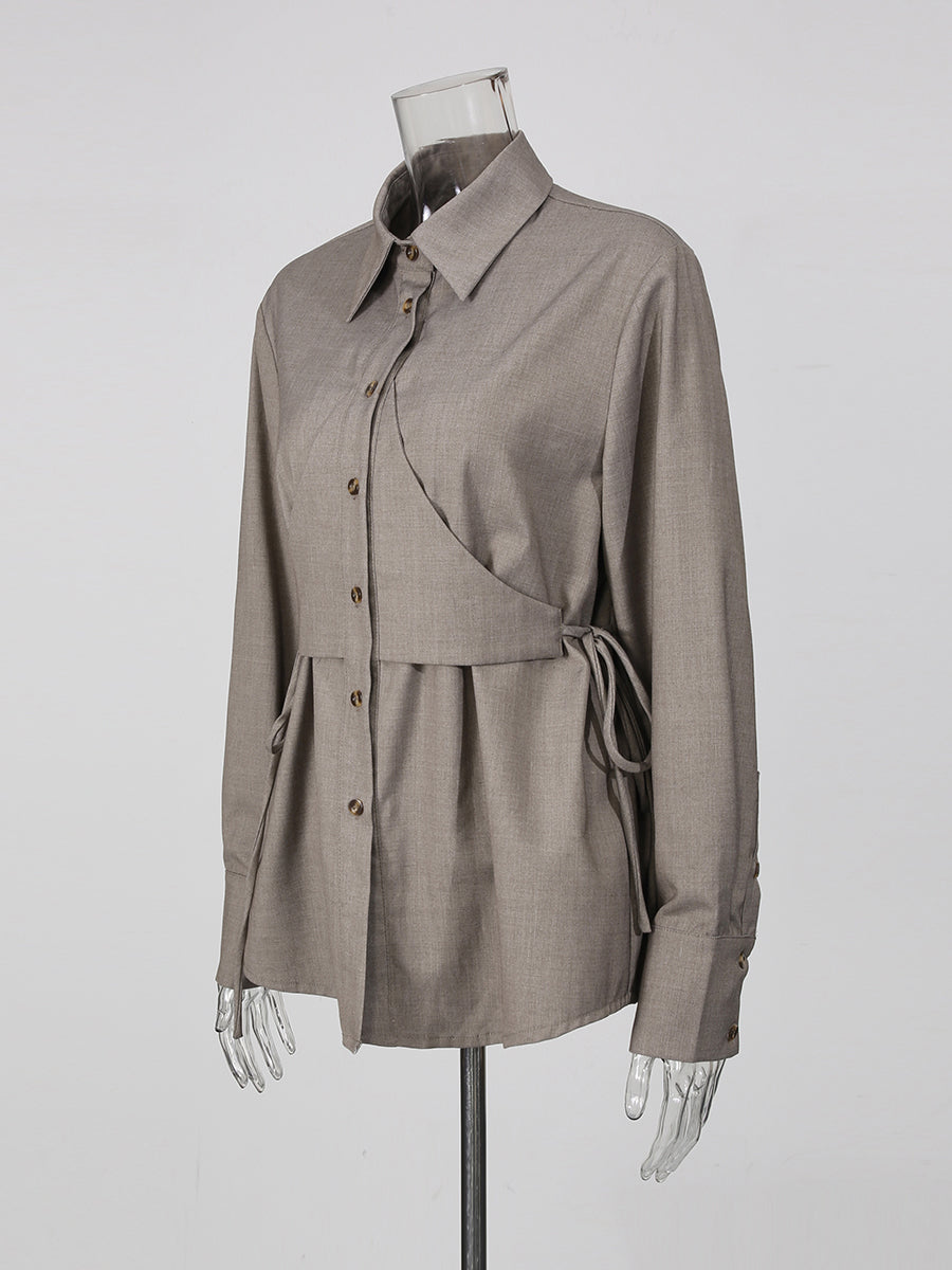 Grey Lapel Long Sleeve Drawstring Top