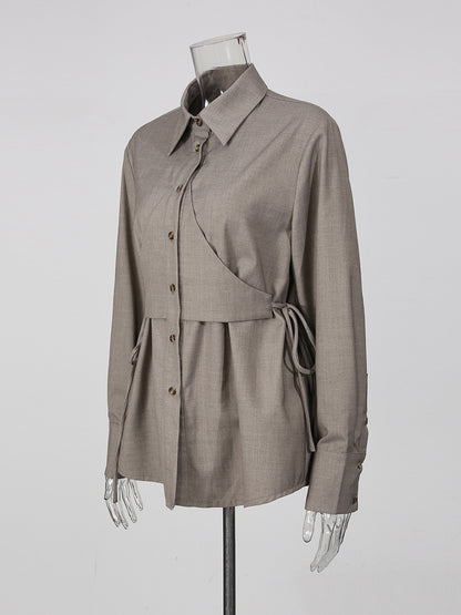Grey Lapel Long Sleeve Drawstring Top