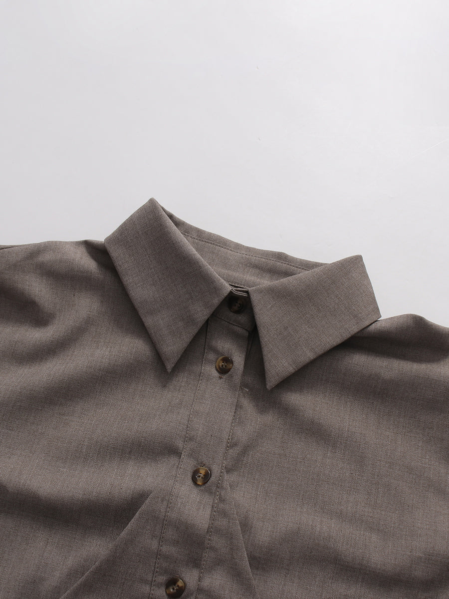 Grey Lapel Long Sleeve Drawstring Top