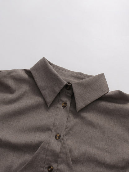 Grey Lapel Long Sleeve Drawstring Top