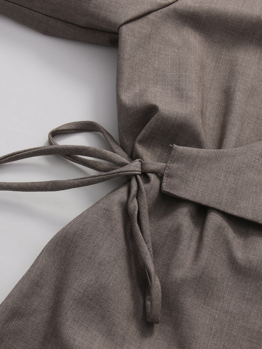 Grey Lapel Long Sleeve Drawstring Top