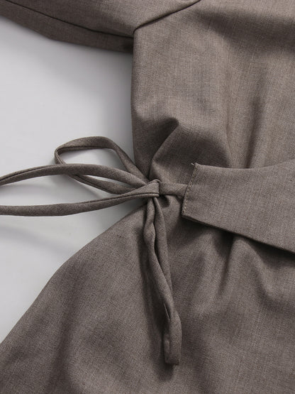 Grey Lapel Long Sleeve Drawstring Top