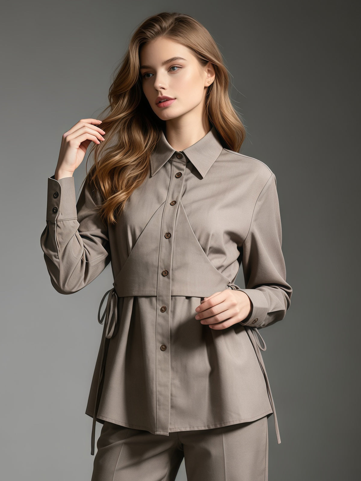 Grey Lapel Long Sleeve Drawstring Top