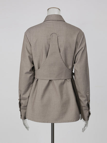 Grey Lapel Long Sleeve Drawstring Top