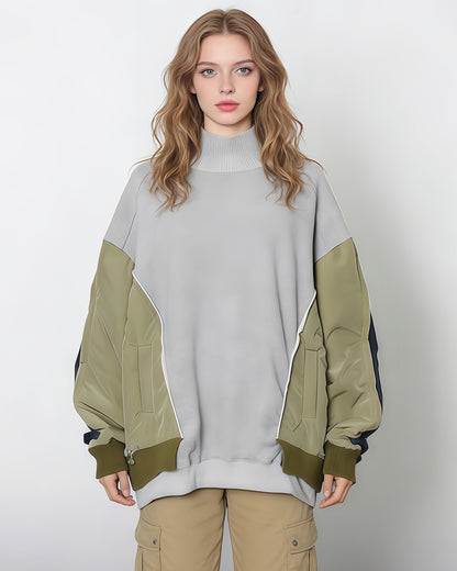 Grey Mixed-Media Turtleneck Sweatshirt