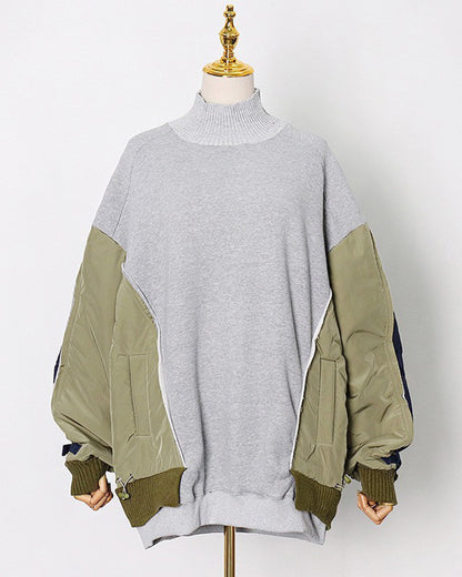 Grey Mixed-Media Turtleneck Sweatshirt