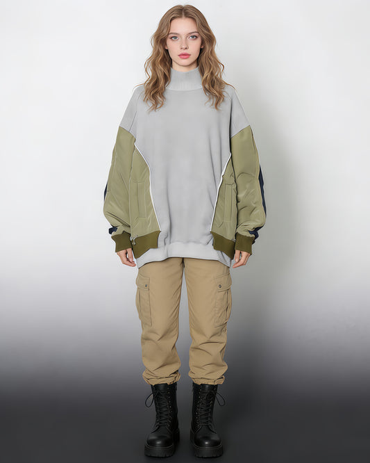 Grey Mixed-Media Turtleneck Sweatshirt