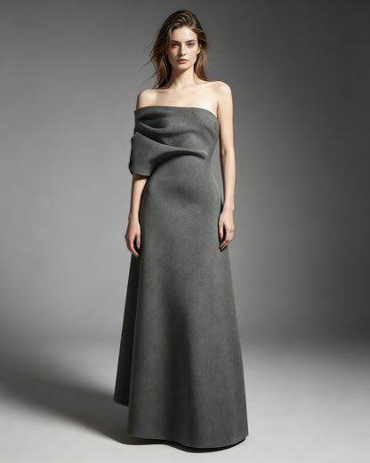 Grey Off-Shoulder Draped Fitted Maxi Dress