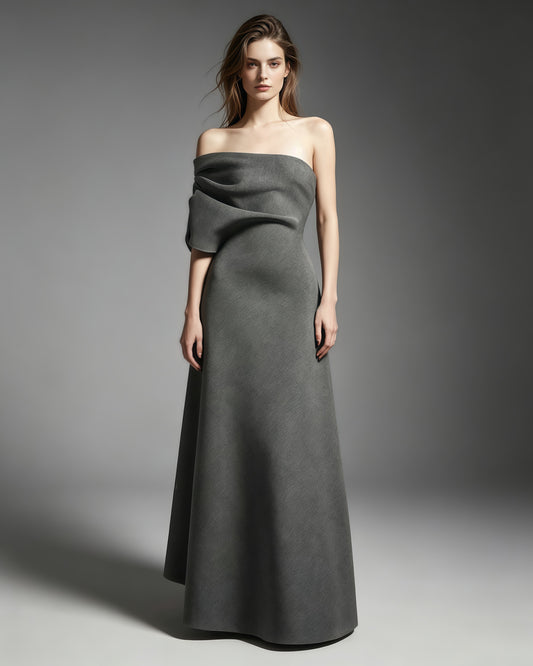 Grey Off-Shoulder Draped Fitted Maxi Dress
