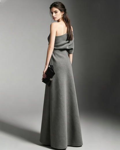 Grey Off-Shoulder Draped Fitted Maxi Dress