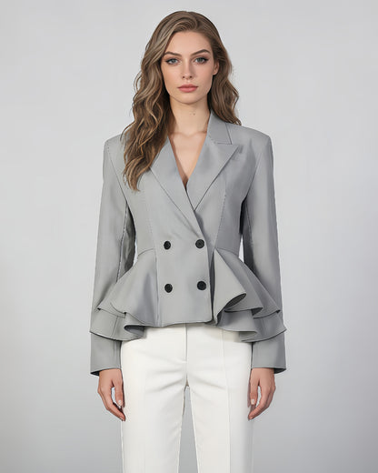 Grey Peplum Blazer with Double-Breasted Design