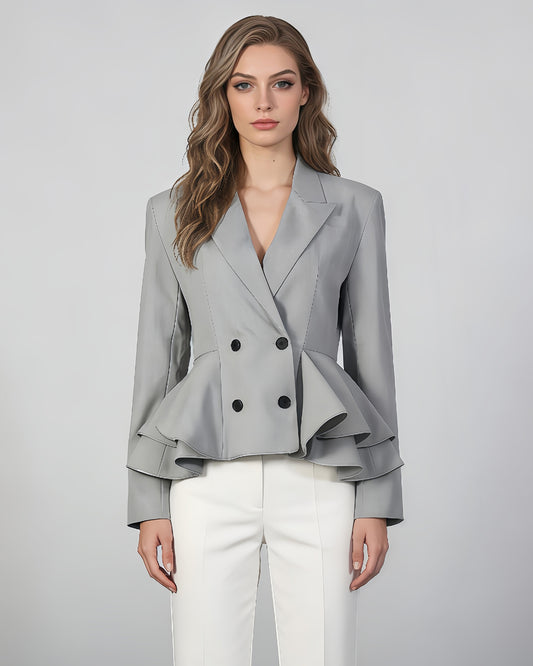 Grey Peplum Blazer with Double-Breasted Design