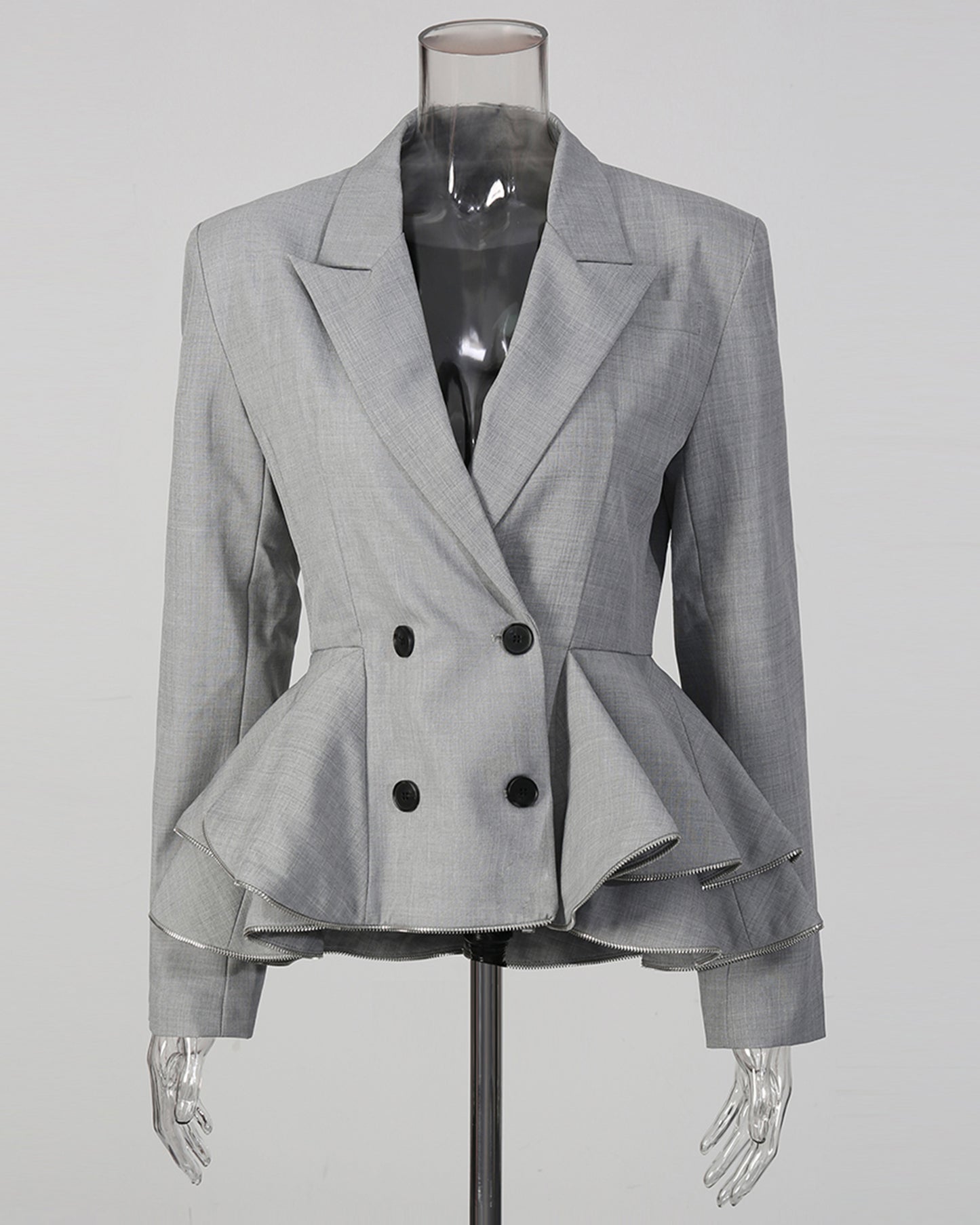 Grey Peplum Blazer with Double-Breasted Design