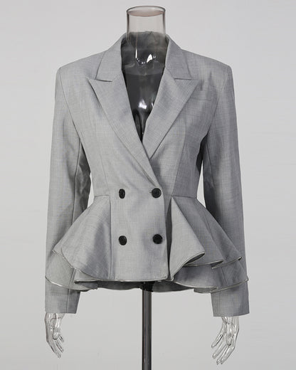 Grey Peplum Blazer with Double-Breasted Design