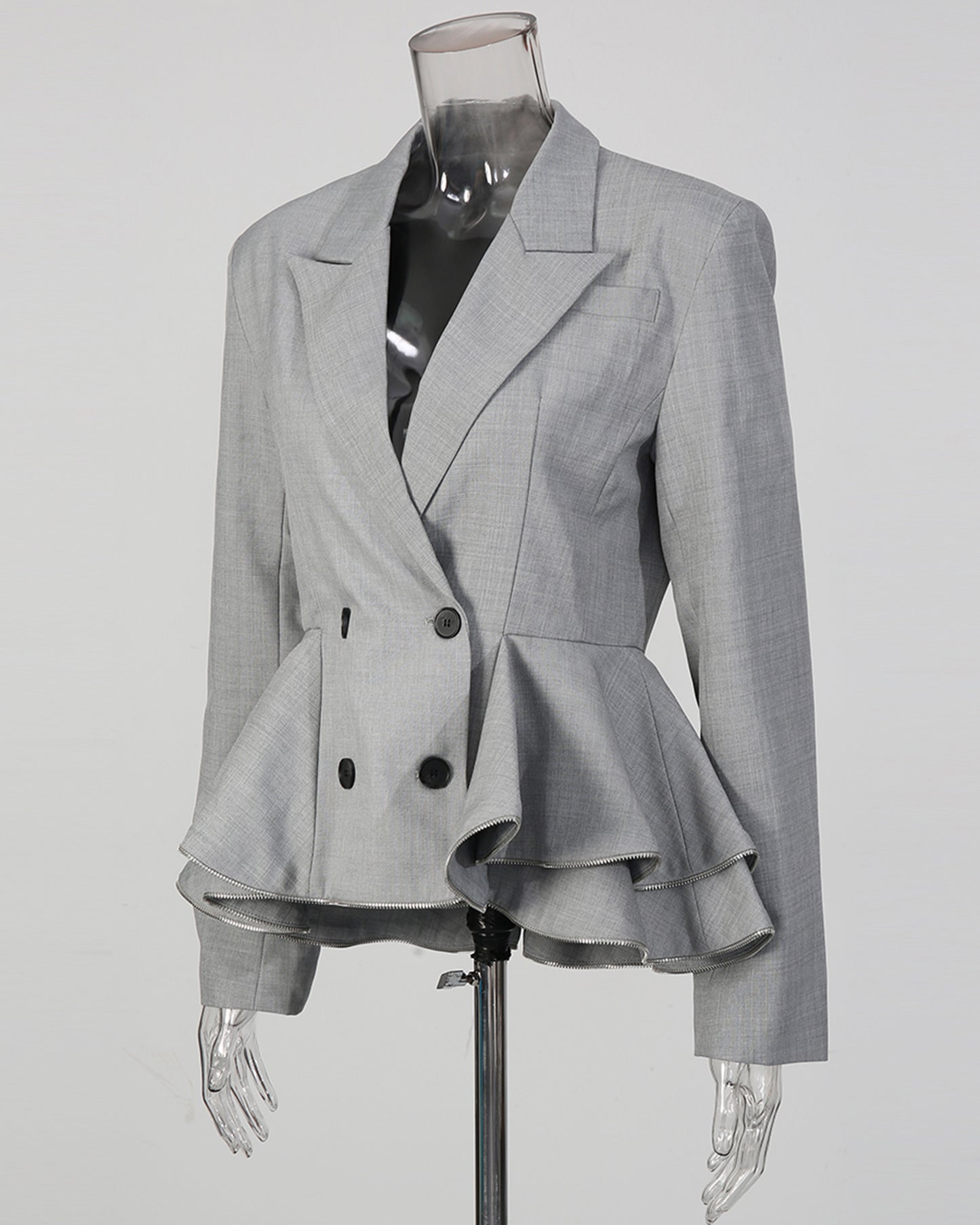 Grey Peplum Blazer with Double-Breasted Design