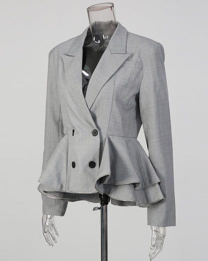 Grey Peplum Blazer with Double-Breasted Design