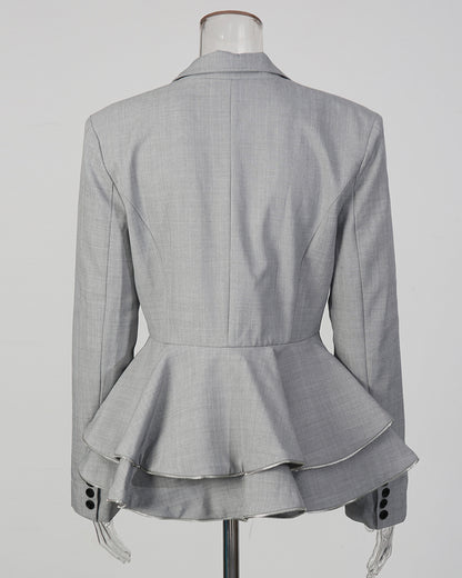 Grey Peplum Blazer with Double-Breasted Design