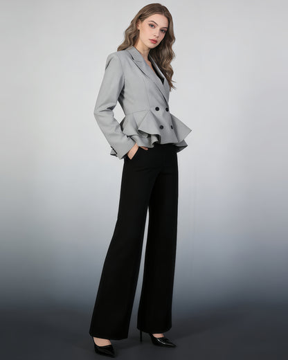 Grey Peplum Blazer with Double-Breasted Design