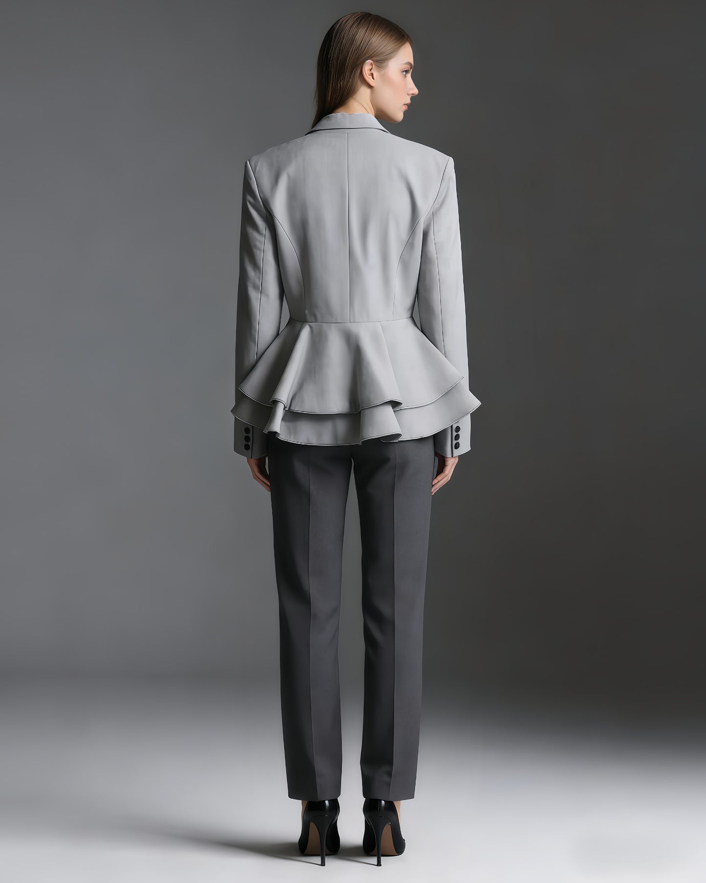 Grey Peplum Blazer with Double-Breasted Design