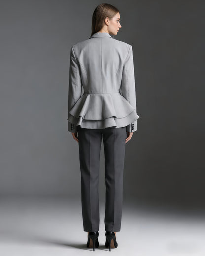 Grey Peplum Blazer with Double-Breasted Design