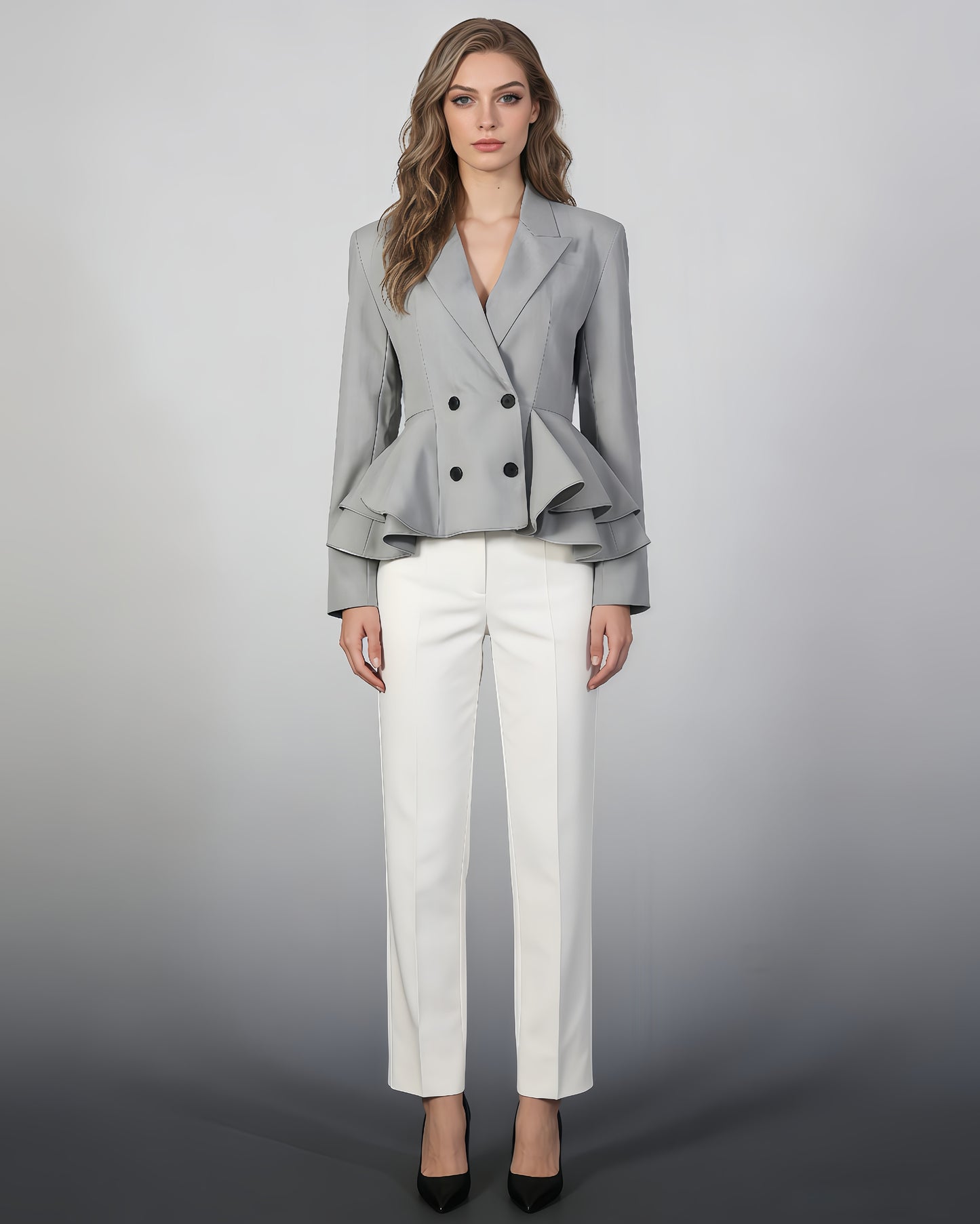 Grey Peplum Blazer with Double-Breasted Design