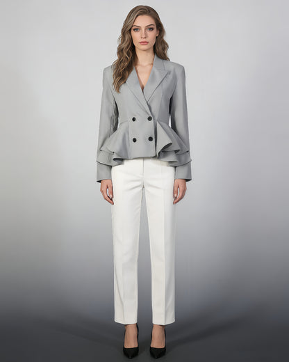 Grey Peplum Blazer with Double-Breasted Design