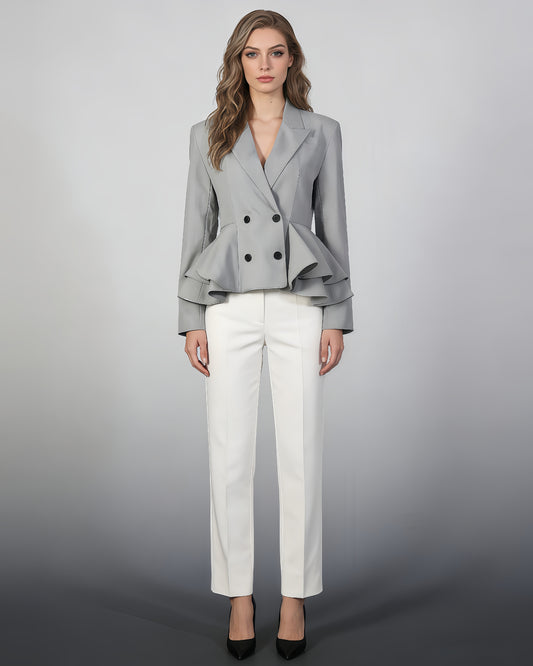 Grey Peplum Blazer with Double-Breasted Design