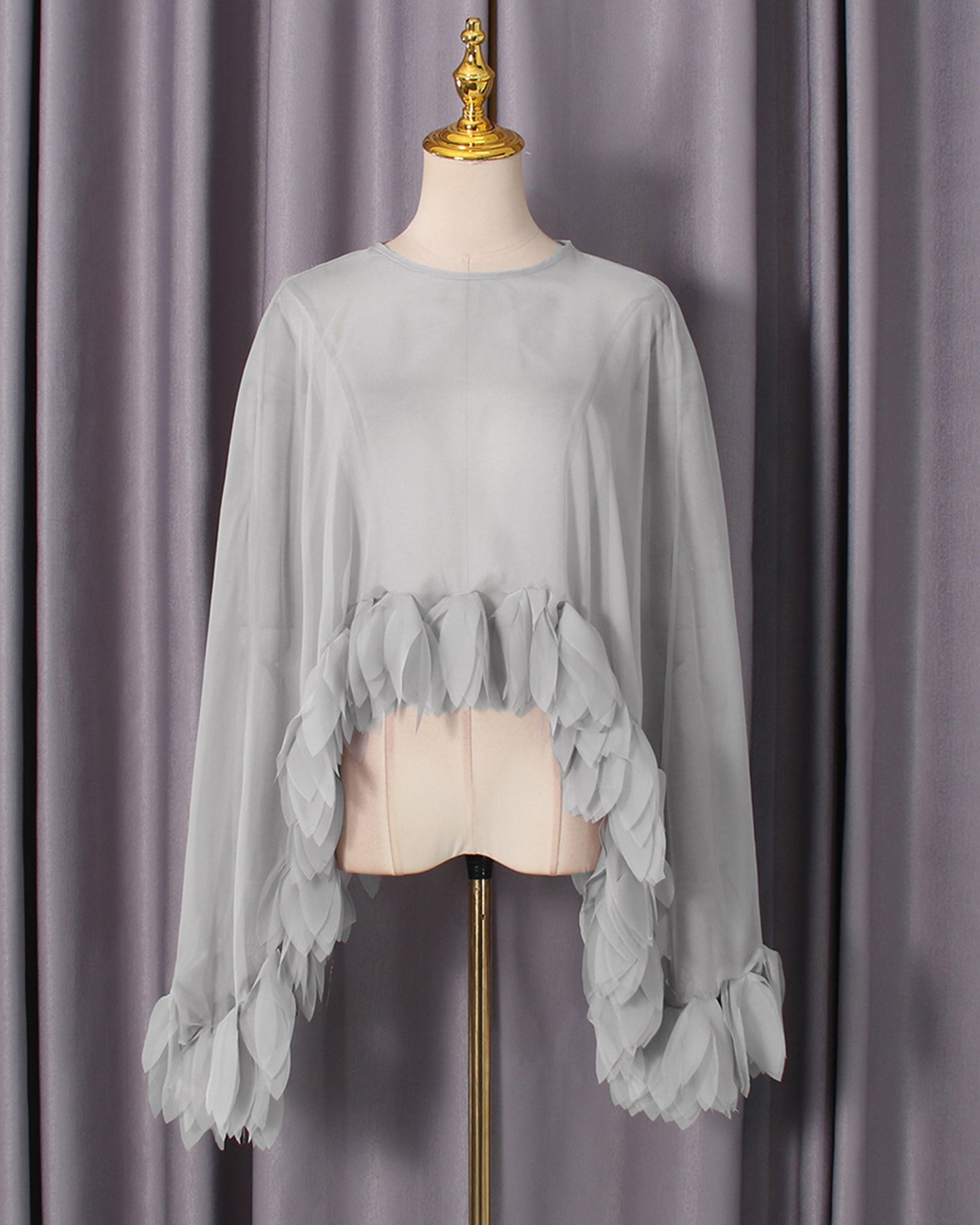 Grey Petal-Trim Sheer Chiffon Top