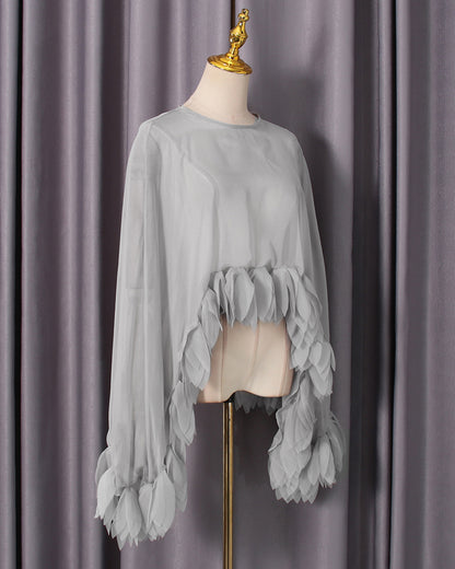 Grey Petal-Trim Sheer Chiffon Top