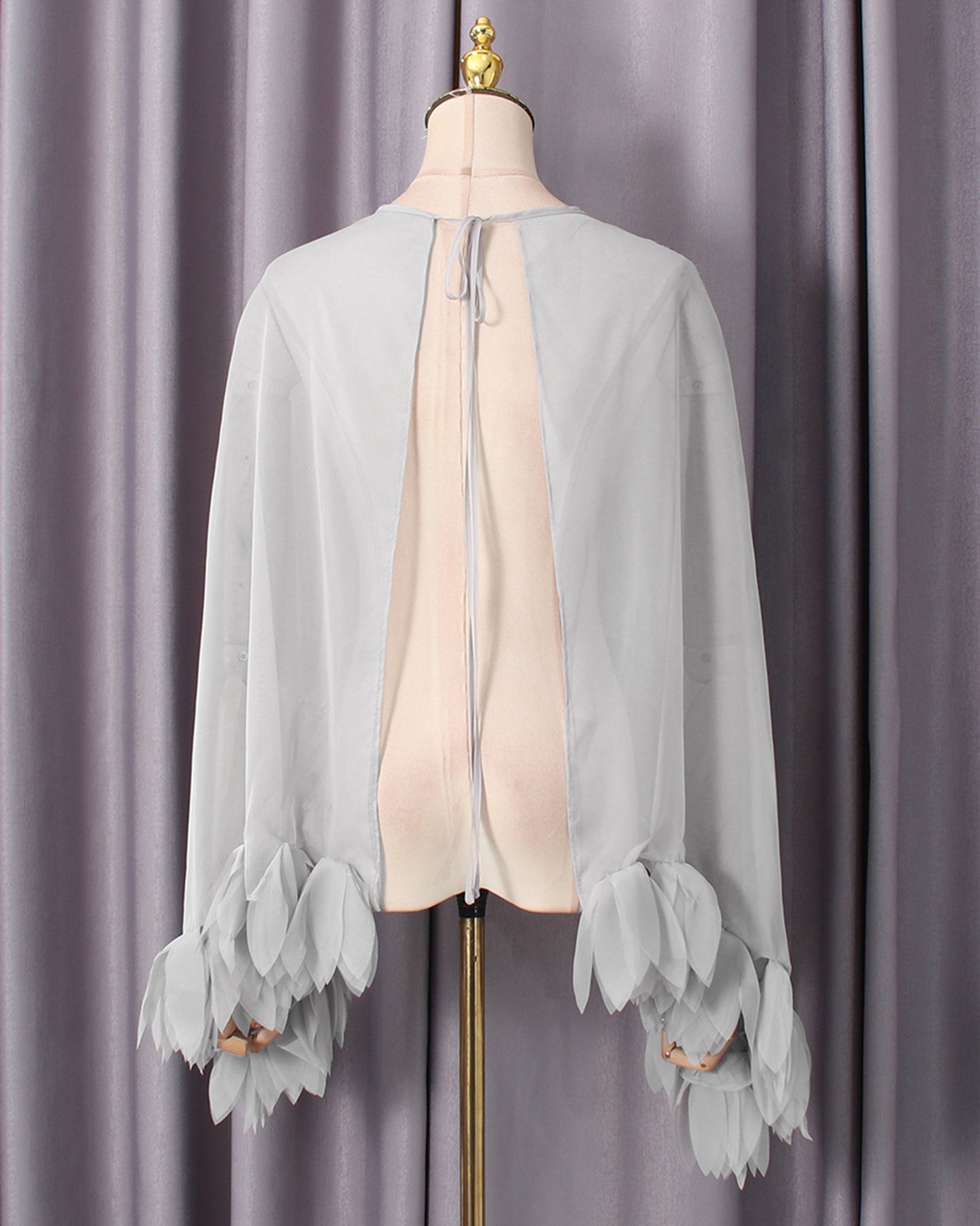 Grey Petal-Trim Sheer Chiffon Top