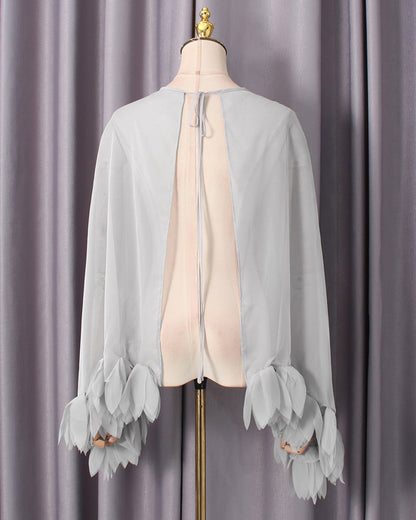 Grey Petal-Trim Sheer Chiffon Top
