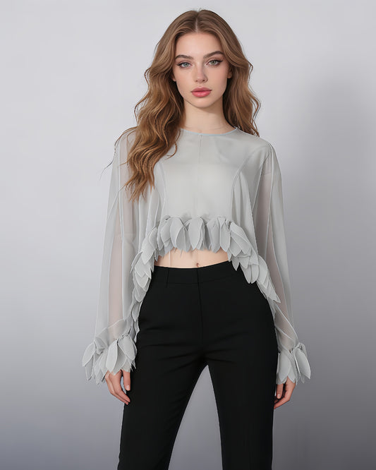 Grey Petal-Trim Sheer Chiffon Top