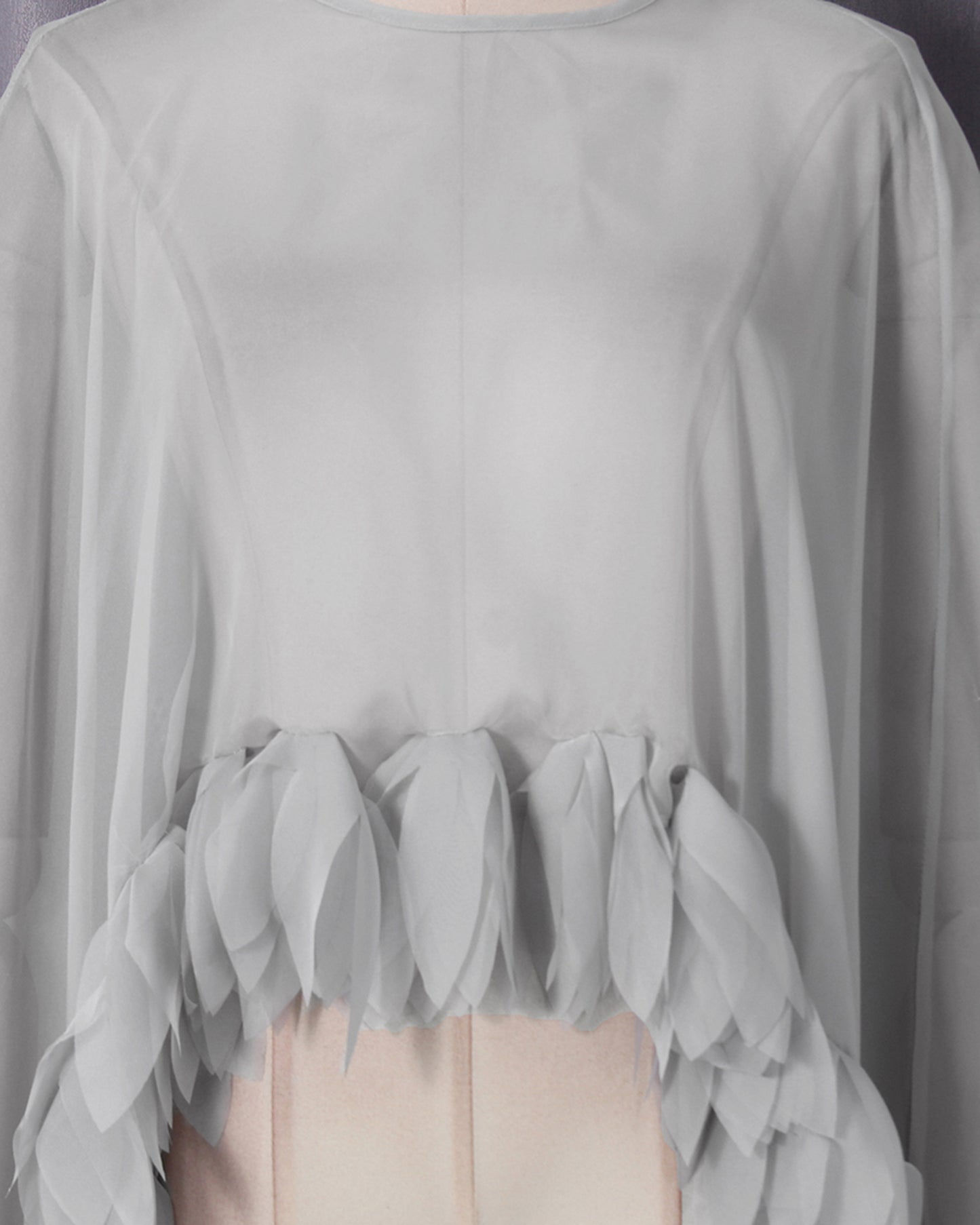 Grey Petal-Trim Sheer Chiffon Top