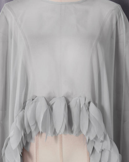 Grey Petal-Trim Sheer Chiffon Top