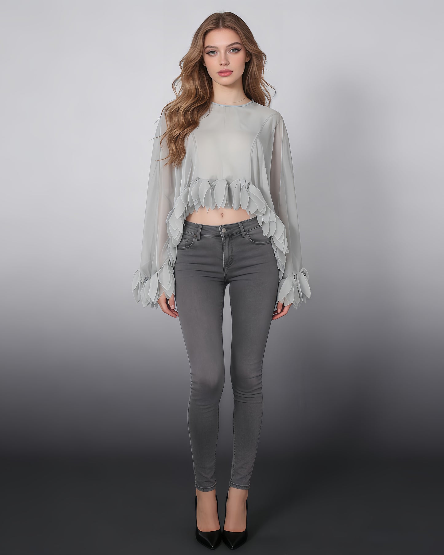 Grey Petal-Trim Sheer Chiffon Top