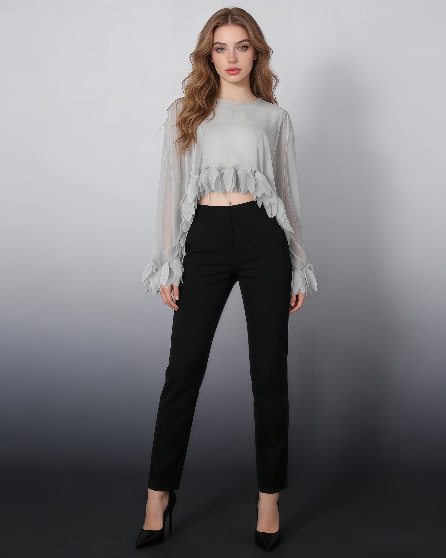 Grey Petal-Trim Sheer Chiffon Top