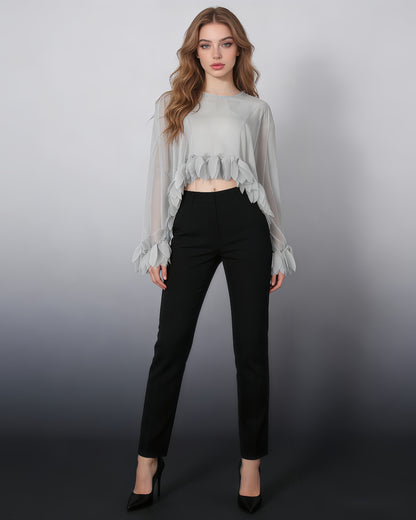 Grey Petal-Trim Sheer Chiffon Top