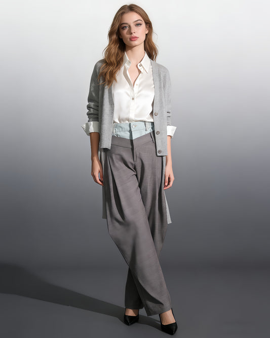 Grey Pinstripe High-Waisted Pants Denim Waist